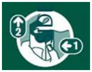 A green and white sign with arrows and a person's face

Description automatically generated